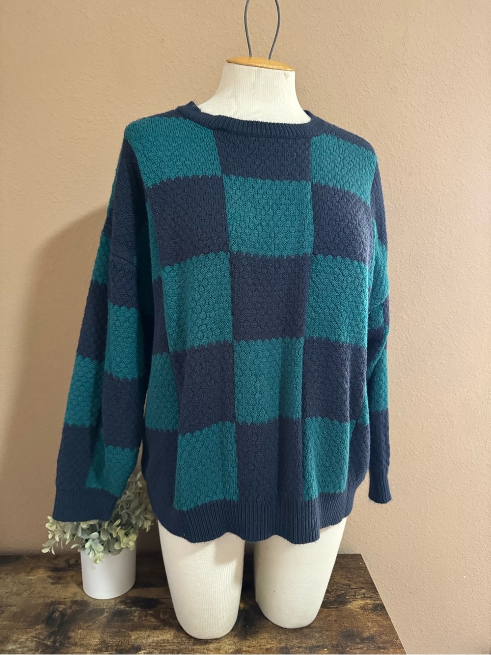 wild fable Checkerboard Crewneck Sweater in Teal & Navy